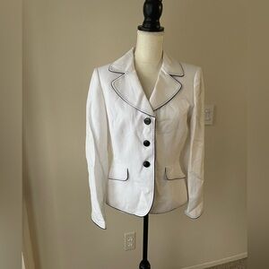 Tahari White Black Single Breasted Linen Vintage Blazer Notch Lapel Size 8